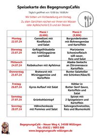 Speisekarte Begegnungs-Caf&eacute; 22.07-28.07.24